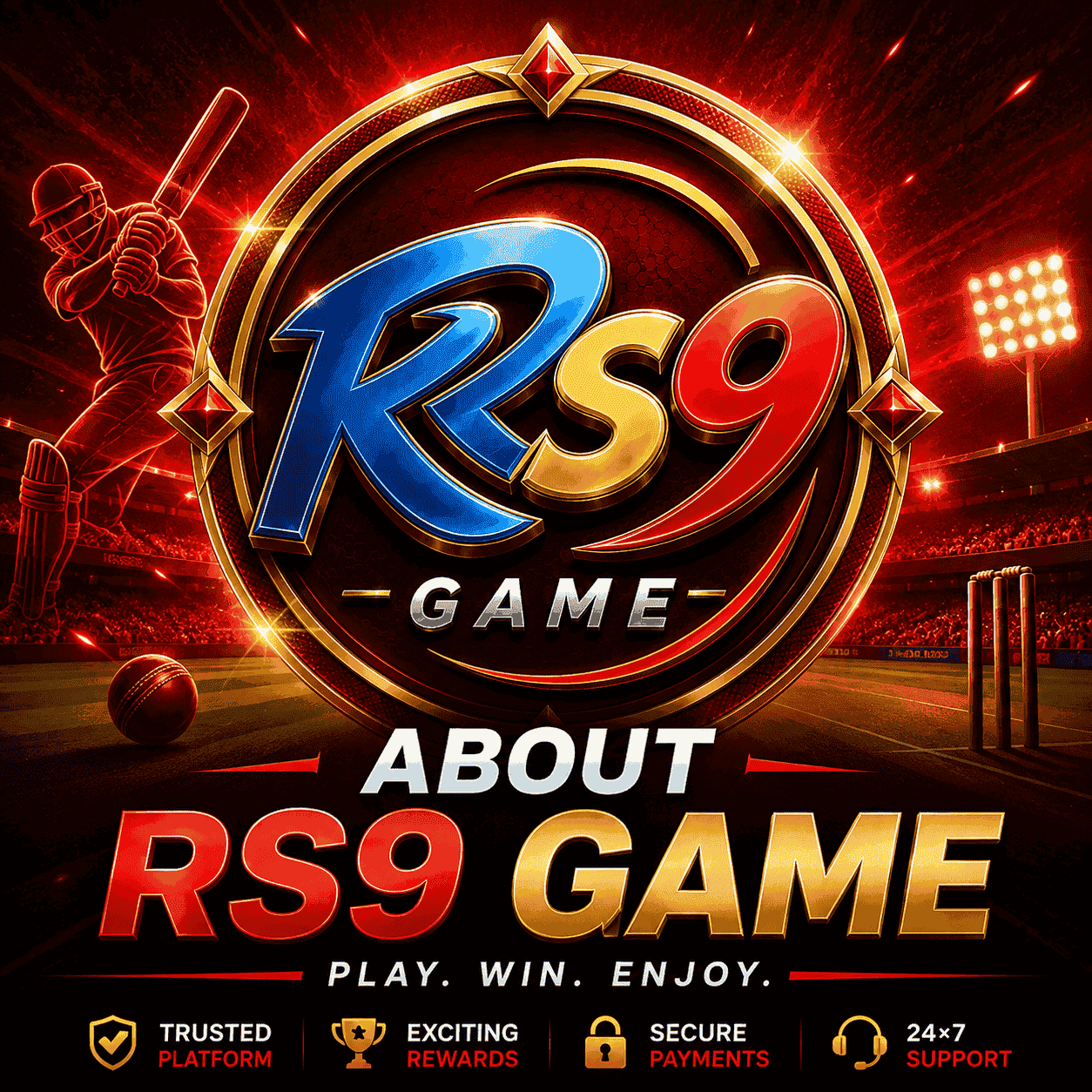 RS9 Game promotional banner featuring a glowing RS9 logo on a vibrant red cricket stadium background with a batsman, cricket ball, wickets, floodlights, and feature icons highlighting trusted platform, exciting rewards, secure payments, and 24×7 support.