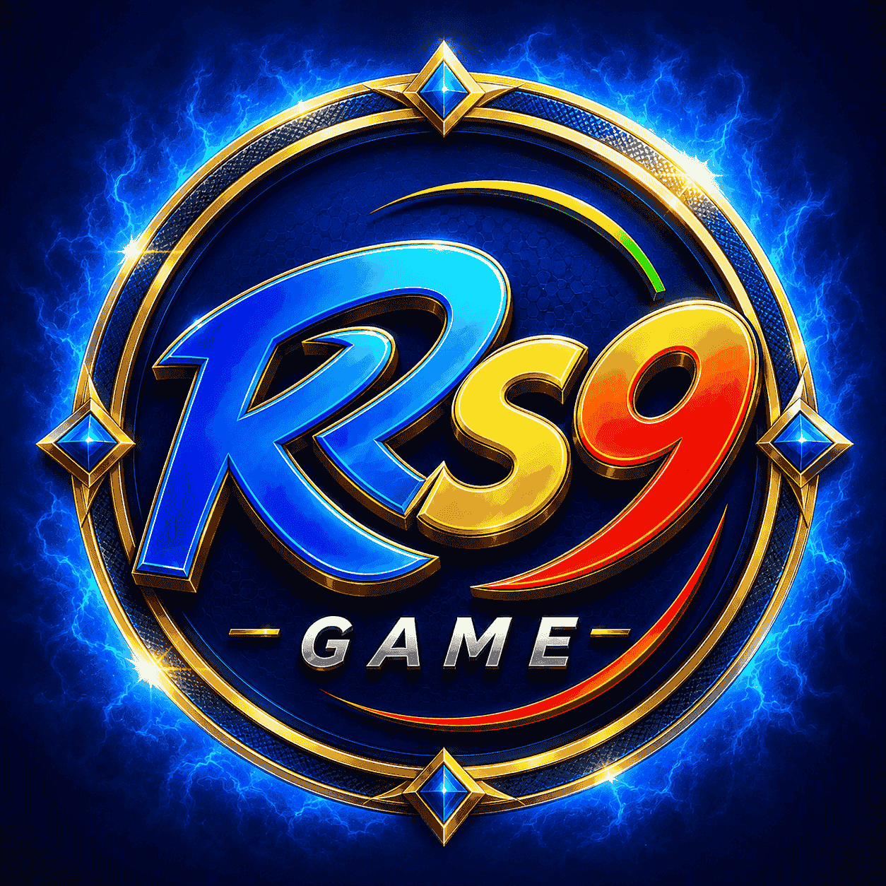 RS9 Game logo featuring bold blue, gold, and red 3D lettering inside a circular gold emblem with a glowing blue electric background.