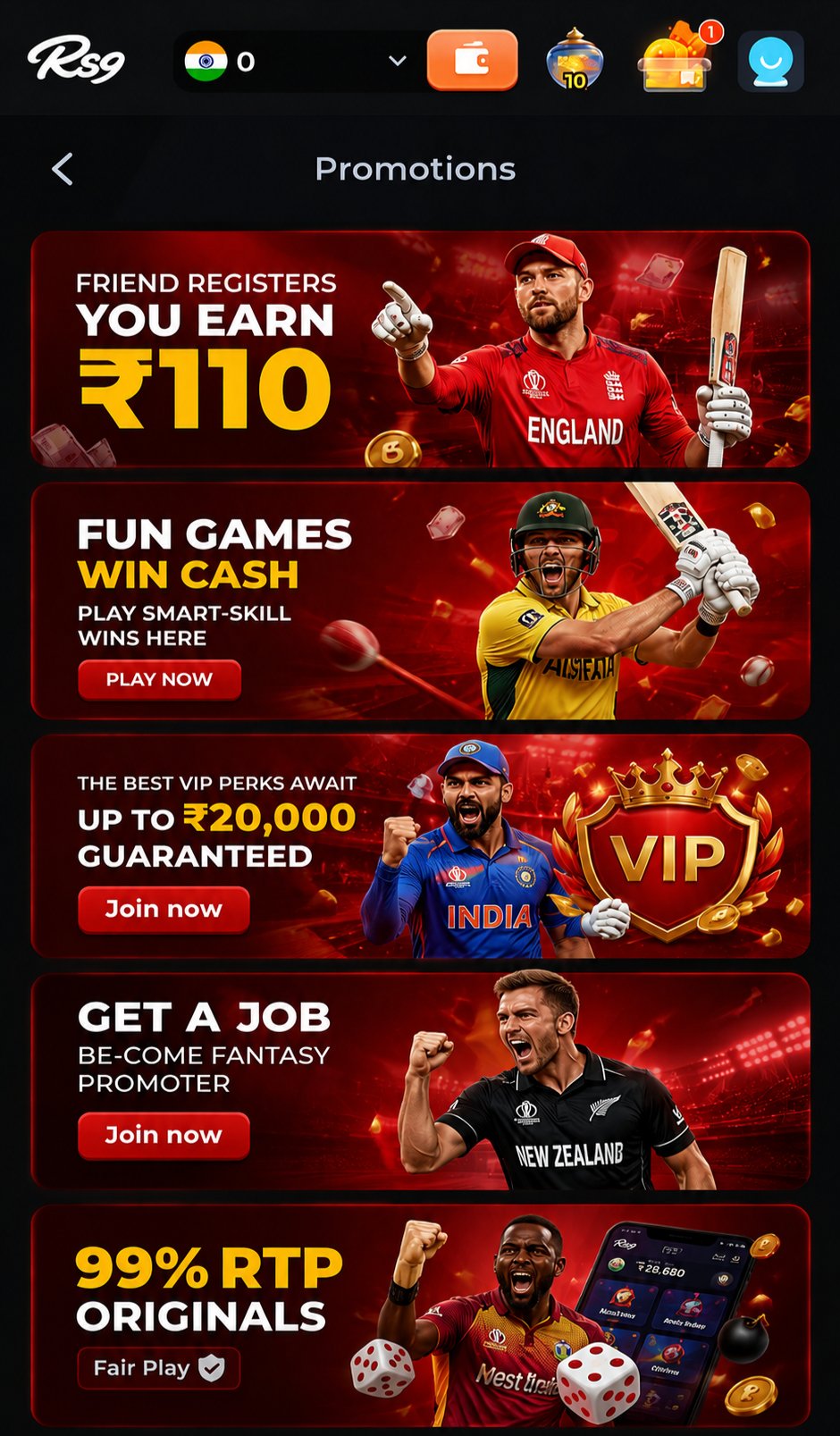 RS9 Game Promotions page featuring a red cricket-themed background with promotional banners for referral rewards, fun games, VIP benefits, fantasy promoter opportunities, and 99% RTP originals, alongside international cricket players and gaming graphics.