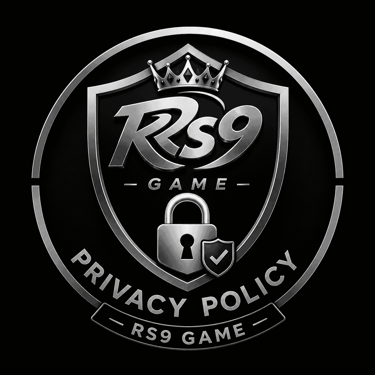 RS9 Game Privacy Policy logo featuring a silver shield, crown, secure padlock, and privacy badge on a black background, symbolizing data protection and account security.