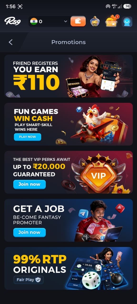 RS9 Game promotions page featuring referral bonuses, VIP offers, fun games, and RTP information.