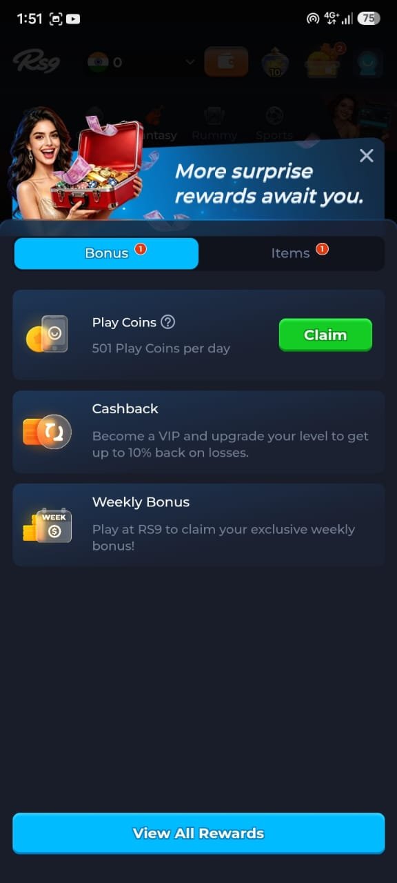 RS9 Game rewards page showing daily coins, cashback, and weekly bonus offers.