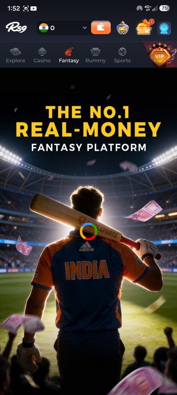 RS9 Game fantasy sports screen promoting real-money fantasy contests.