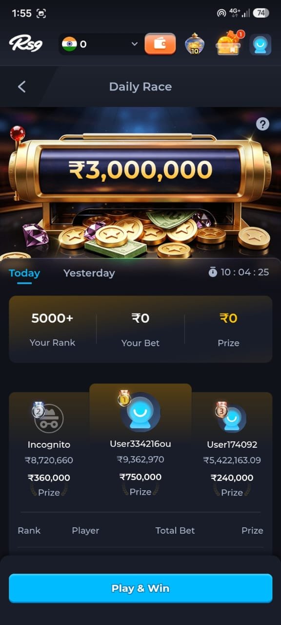 RS9 Game Daily Race leaderboard with prize pool, rankings, and Play & Win button.