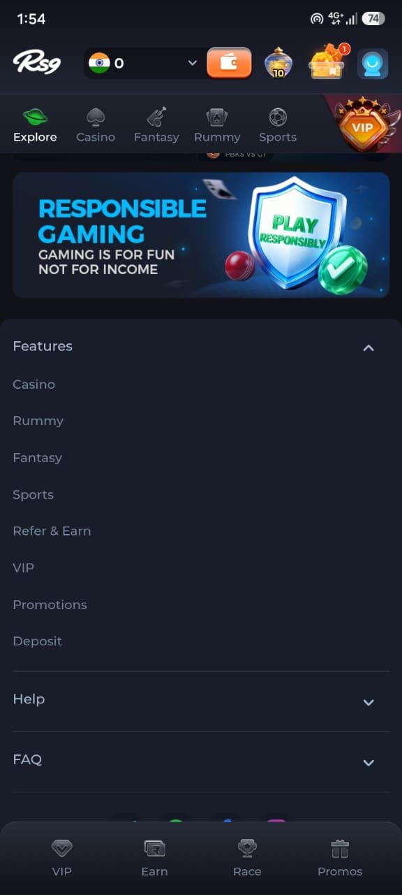 RS9 Game features menu displaying Casino, Fantasy, Rummy, Sports, VIP, Promotions, and Help.